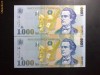 Set 2 X 1000 Lei 1998 Romania UNC, filigran mare, serii consecutive