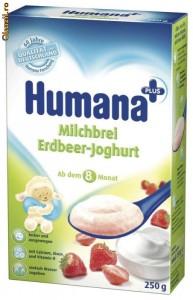 Cereale Humana cu lapte CAPSUNI + IAURT (bebe peste 8 luni) 250 gr, GERMANIA (livrare gratuita la comenzi peste 70 lei - vezi detalii in poza nr.2)