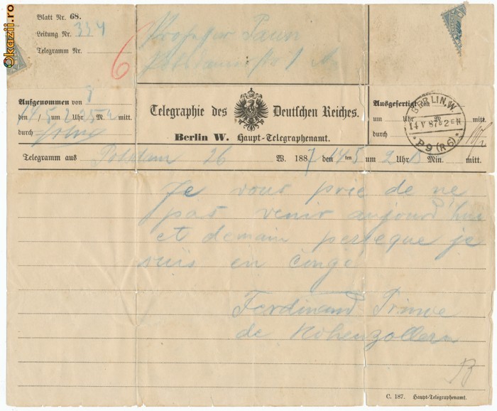 RFL 1887 telegrama circulata in Germania trimisa de Regele Ferdinand catre profesorul sau de romana foto mare