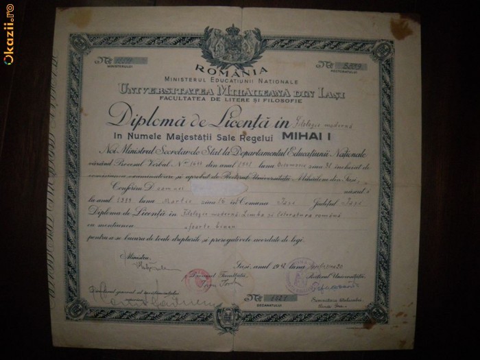Diploma de licenta Filologie Universitatea Iasi 1919 foto mare