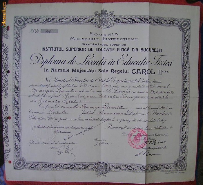 Diploma de Licenta in Educatie Fizica , Petrila , Hunedoara , 1930 foto mare