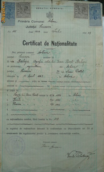Certificat de nationalitate , Bucovina , 1924 foto mare