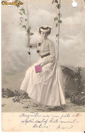 T FOTO 18 Romantica -Tanara in leagan -Strengarita... amorul o tortura -circulata de la Bacau la Braila 1903 -catre Irina Petridis foto mare