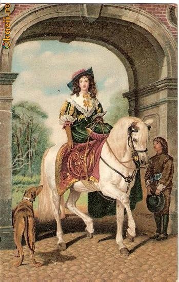 T FOTO 05 Romantica -Doamna in strai medieval, pe cal alb -antebelica -tiparita in Germania -interesanta pentru reproducerea intr-un tablou foto mare