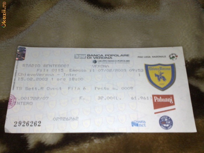 Campionatul Italiei - Bilet meci de fotbal - Chievo Verona - Inter Milano - 15 febriarie  2003 foto mare