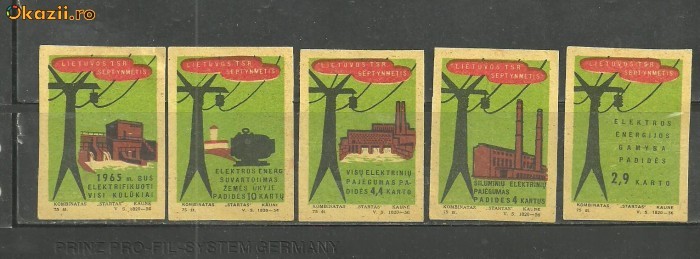 1882* POLONIA - ETICHETE CUTII DE CHIBRITURI tema PRODUCEREA ENERGIEI ELECTRICE, 5 BUCATI DIFERITE foto mare