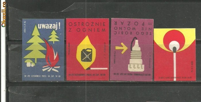 1903* POLONIA - ETICHETE CUTII DE CHIBRITURI tema PREVENIREA INCENDIILOR, 4 BUCATI DIFERITE foto mare