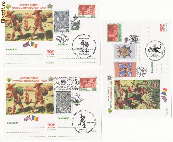 RFL 2000 ROMANIA set 6 carti postale Jamboreea Campdown Anglia cu stampile speciale si vignete cercetasesti foto mare